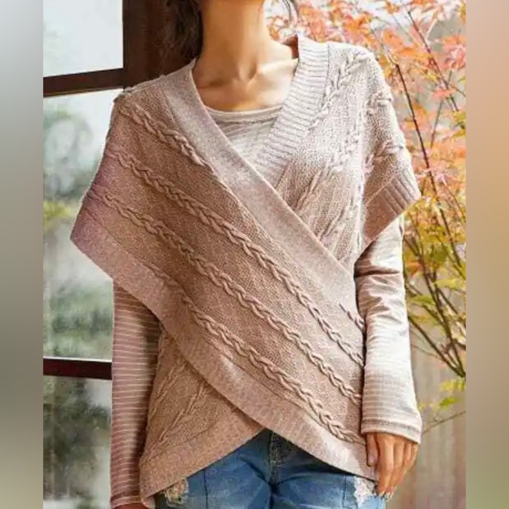 SIMPLE by SUZANNE BETRO | Taupe Cable Knot Short Sleeve Wrap Sweater (Size: 4X)